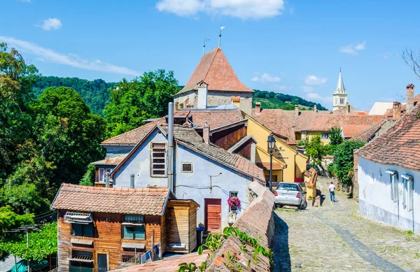 Colorful Houses Situated Winding Street Leading Next Medieval Fortification Romanian — Fotografia de Stock