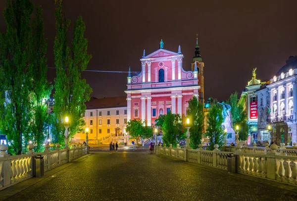 Night View River Ljubljanica Triple Bridge Francisacan Church Annunciation Slovenian — Stock Photo, Image