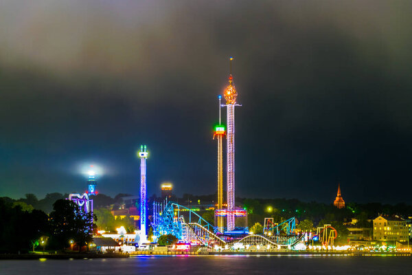 Night view of the Grona Lund Amusement Park in Stockholm, Sweden