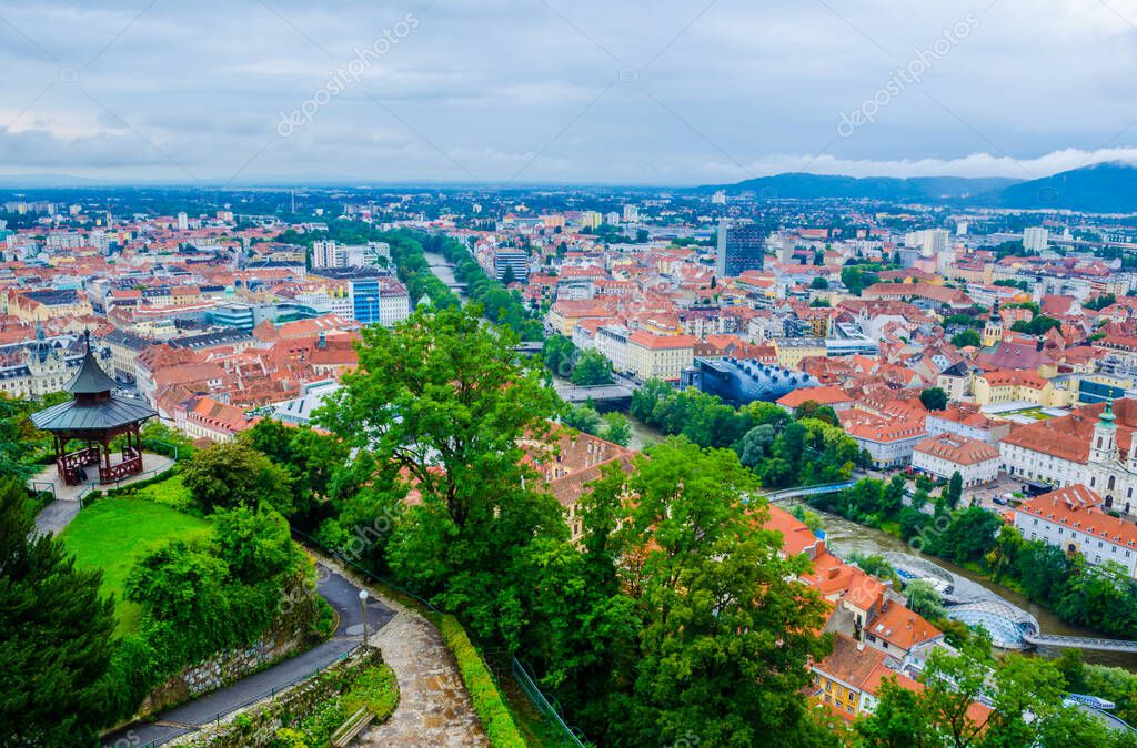 aerial view of the austrian city graz taken from the stairway leading ...