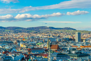 Aerial view of vienna including Spittelau district heating plant and the Kahlenberg hill.