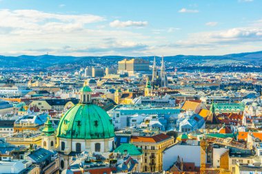 Viyana 'nın havadan görünüşü Votivkirche ve peterskirche kiliseleriyle Stephansdom katedralinden.