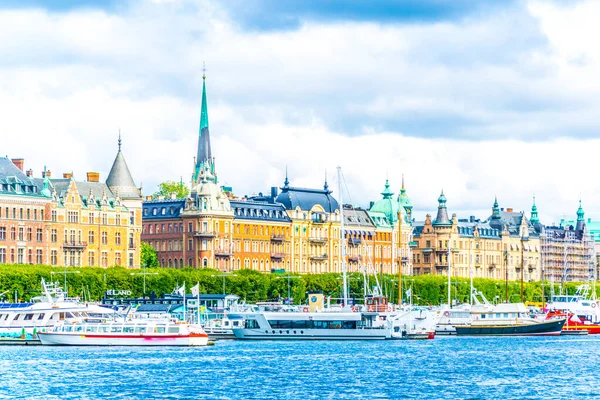 Blick Auf Die Stockholmer Uferpromenade Mit Schönen Alten Häusern Schwedisch — Stockfoto