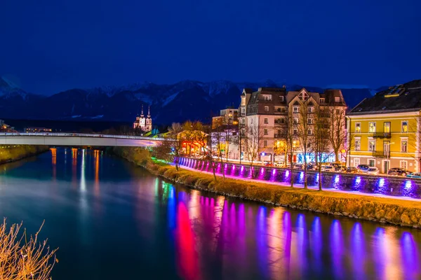 View Riverside River Drau Night Villach Austria — Stock Fotó