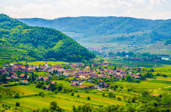 Aerial view of a small village situated in the wachau valley in Austria.