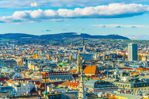 Aerial view of vienna including Spittelau district heating plant and the Kahlenberg hill.