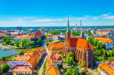 Aerial view of Wroclaw with church of our lady of the sand and church of the Holy Cross and St Bartholomew, Polan