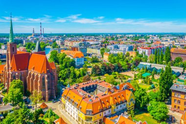 Aerial view of Wroclaw with church of the Holy Cross and St Bartholomew, Polan