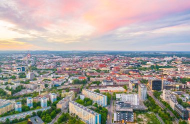 Sunset aerial view of Wroclaw, Polan
