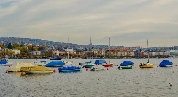 İsviçre 'deki Zürih gölünde yüzen küçük teknelerin görüntüsü