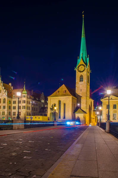 Night View Grossmunster Cathedral Munster Bridge Swiss City Zuric — Stock Photo, Image