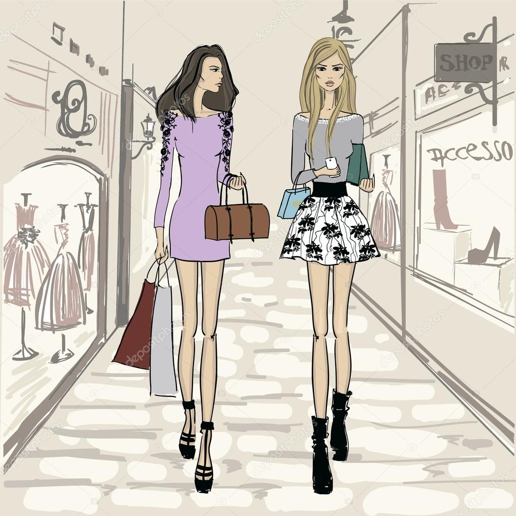 Beauty girls shopping with background
