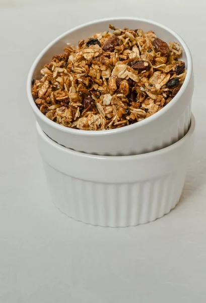 Bowl Oatmeal Muesli White Porcelain Cup Table Stock Picture