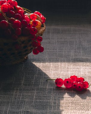 red currants in an iron basket on a gray background.