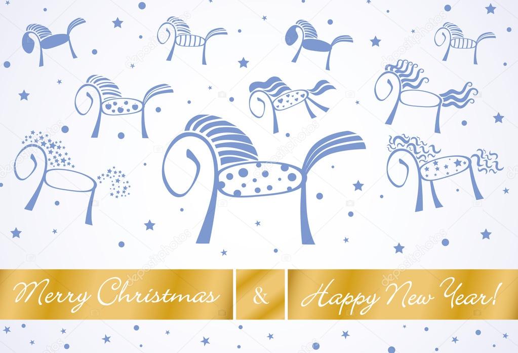 Merry christmas and happy new year horses card 2014