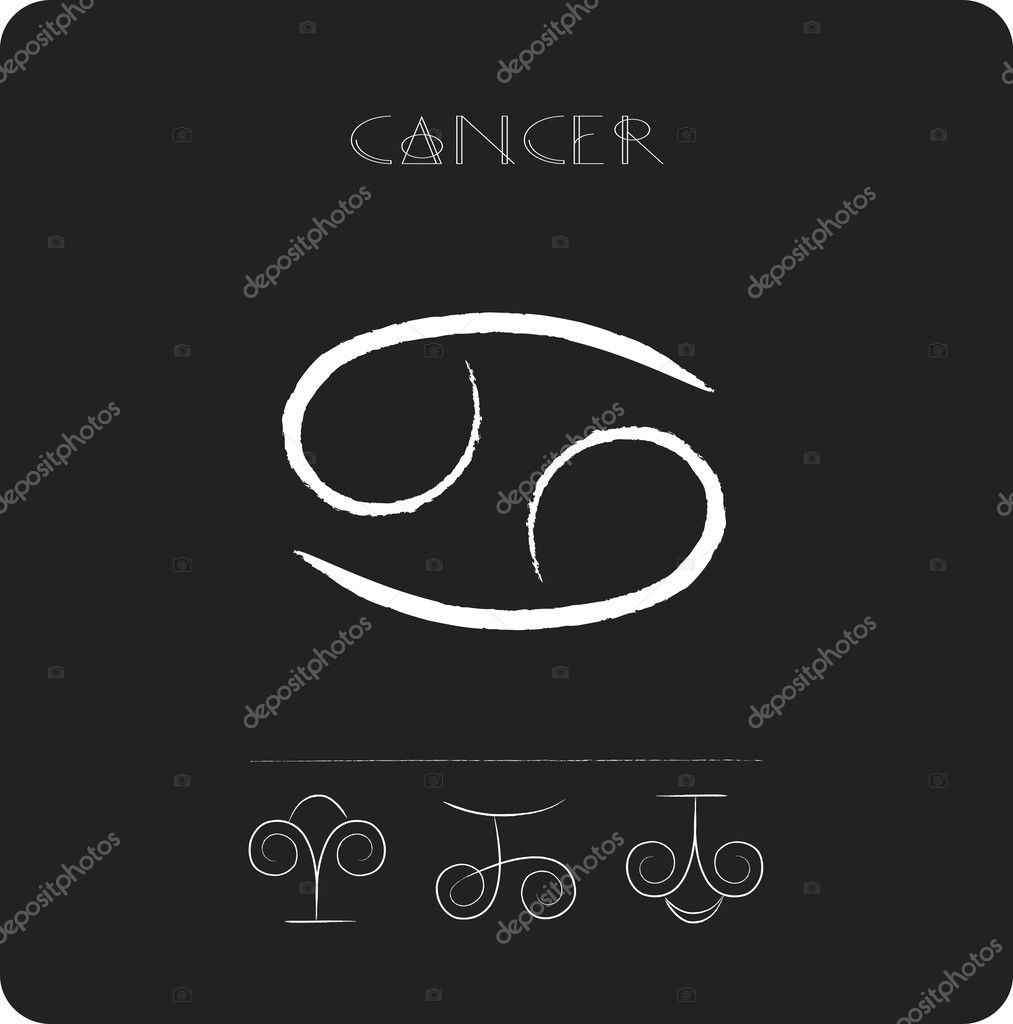 Zodiac sign Cancer on black background, sketch with white lines chalk and charcoal, ancient astrology signs and symbols