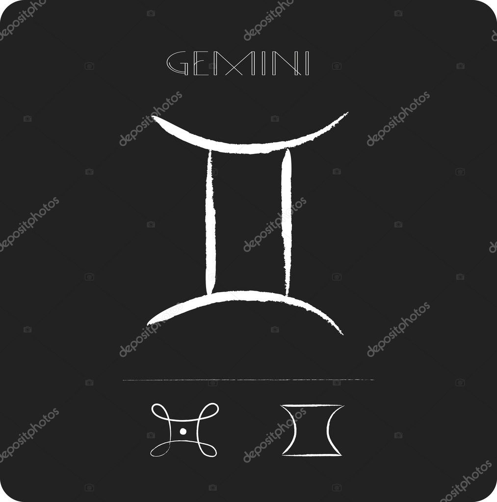 Zodiac sign Gemini on black background, sketch with white lines chalk and charcoal, ancient astrology signs and symbols