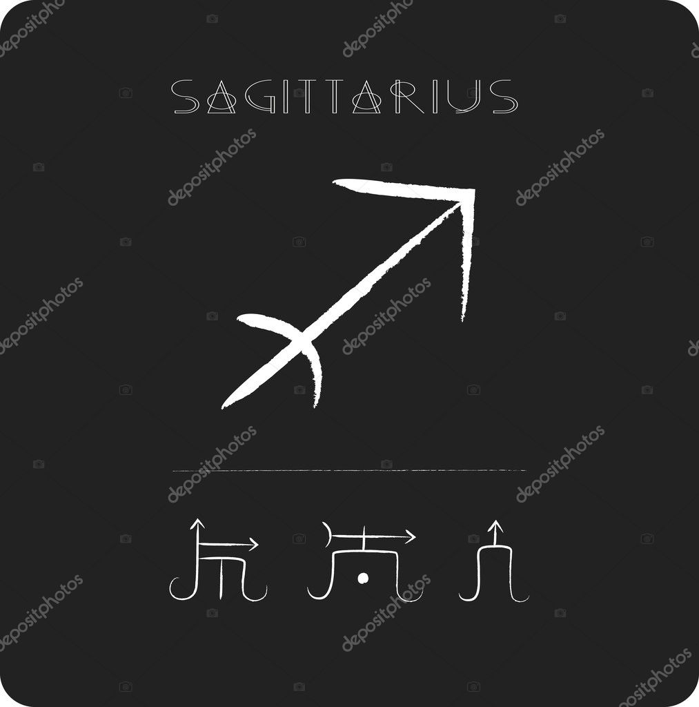 Zodiac sign Sagittarius on black background, sketch with white lines chalk and charcoal, ancient astrology signs and symbols