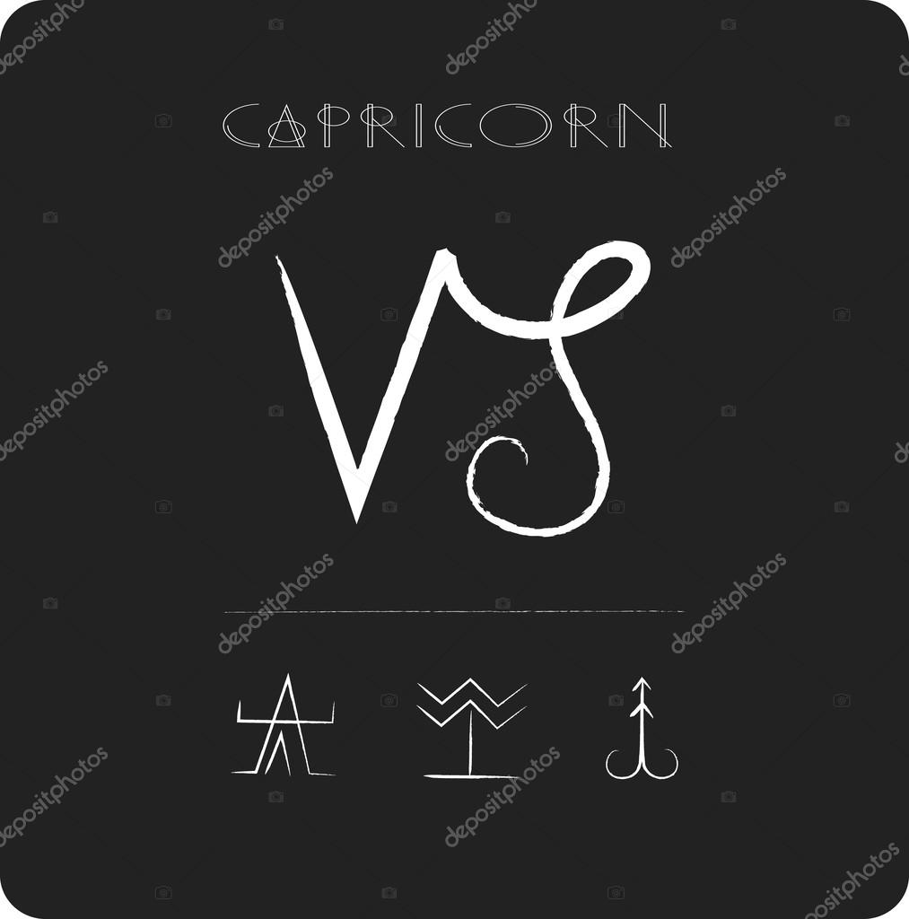 Zodiac sign Capricorn on black background, sketch with white lines chalk and charcoal, ancient astrology signs and symbols
