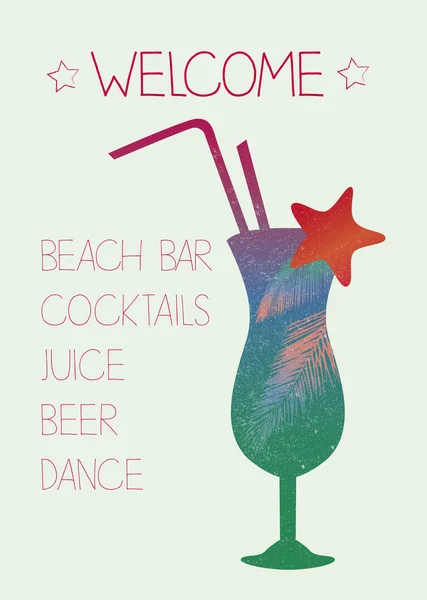 Poster musim panas, minuman koktail dan telapak tangan - Stok Vektor