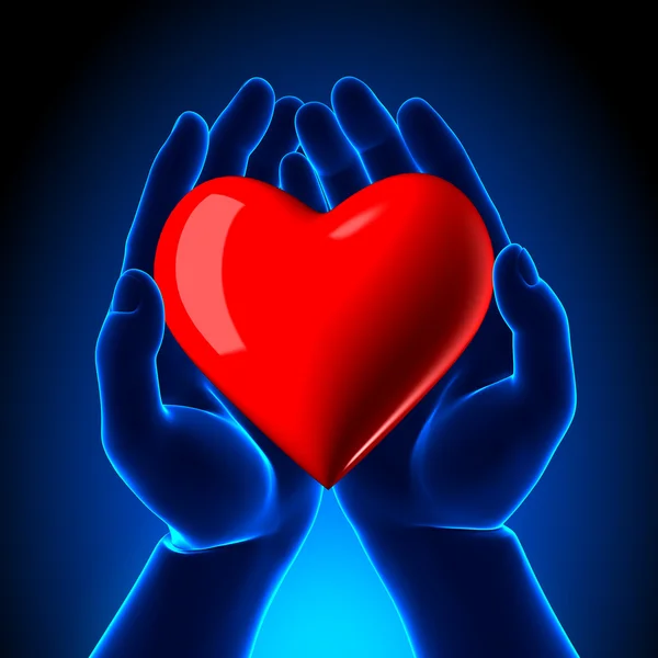 Heart Glowing in Hands Blue Background — Stock Photo, Image