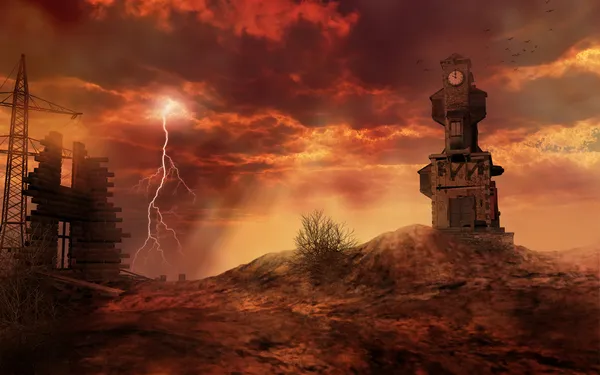 Paisagem apocalíptica com torre de relógio — Fotografia de Stock