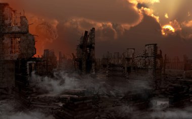 Ruined city with smoke clipart