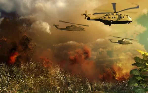 Helicopters above tropical jungle — Stock Photo, Image