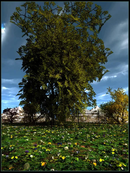 Çiçekli çayır ortasında ağaç — Stok fotoğraf