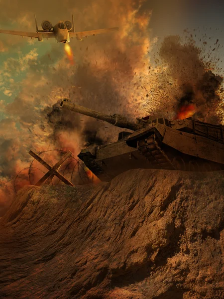 Battle scenery with a tank and an airplane — Stock Photo, Image