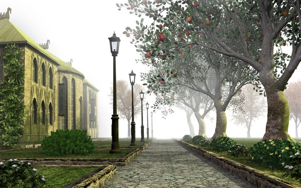 Misty park alley — Stock Photo, Image