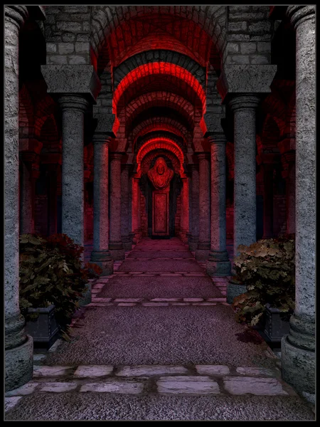 Intérieur du temple éclairé en rouge — Photo