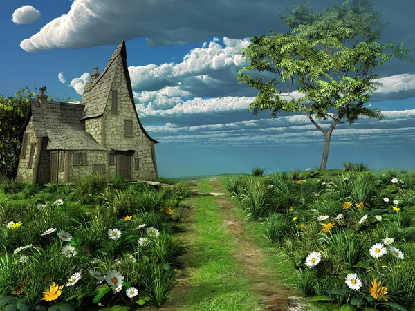 Velha casa de campo em uma colina verde — Fotografia de Stock