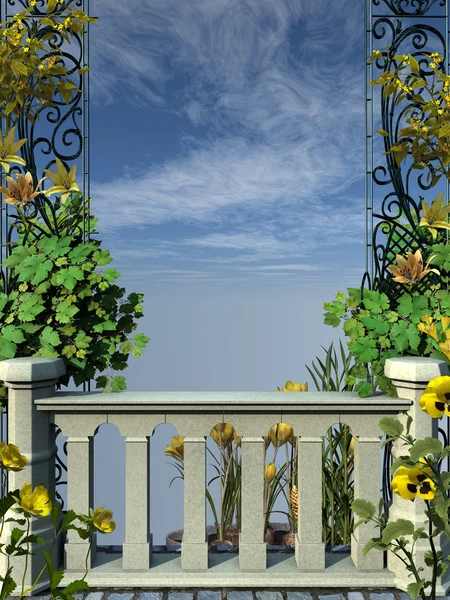 黄色い花を持つ石フェンス — ストック写真
