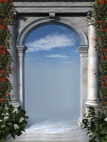 Ancient arch with red flowers — Stock Photo, Image