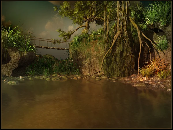 Hanging bridge over a muddy river — Stock Photo, Image