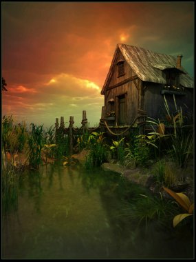 Old cabin on the swamp clipart