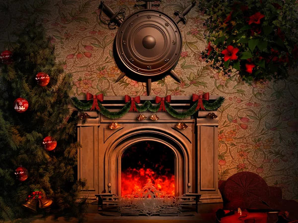 Shield and swords over the fireplace — Stock Photo, Image