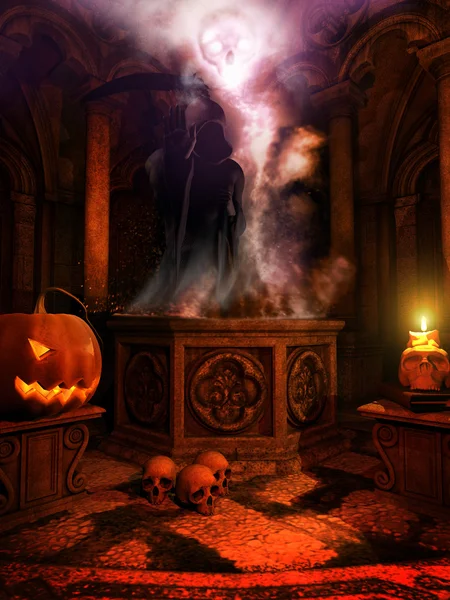Temple with Jack o Lantern and skulls — Stock Photo, Image