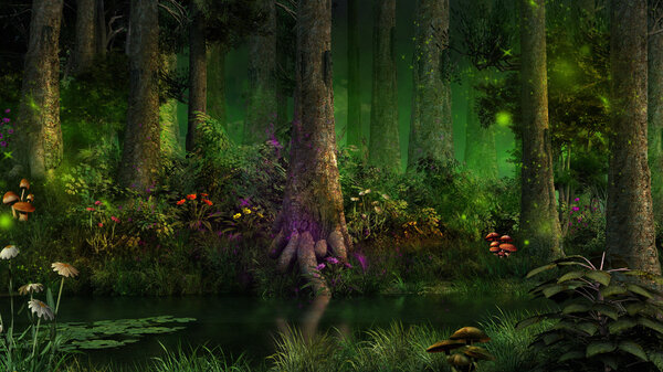 Dark fairytale forest with ferns and magic flowers