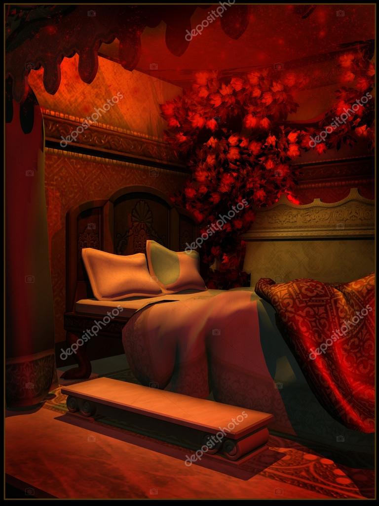 Königliches Schlafzimmer im Rotlicht - Stockfotografie: lizenzfreie