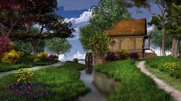 Märchenlandschaft mit Wassermühle — Stockfoto
