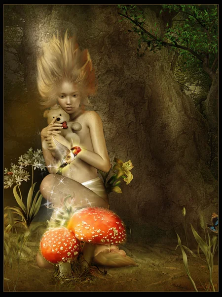 Girl and toadstools — Stock Photo, Image