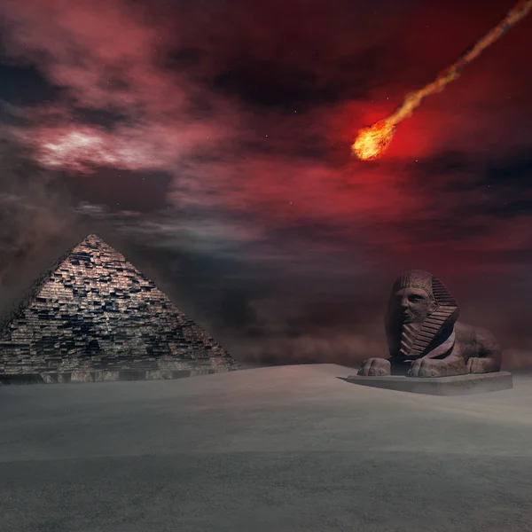 Paysage désertique avec pyramide et sphinx — Photo