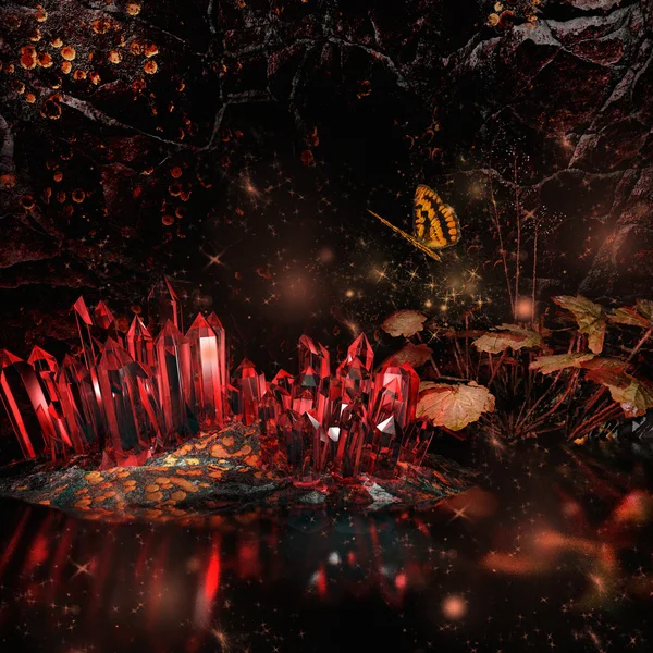 Höhle mit roten Kristallen — Stockfoto