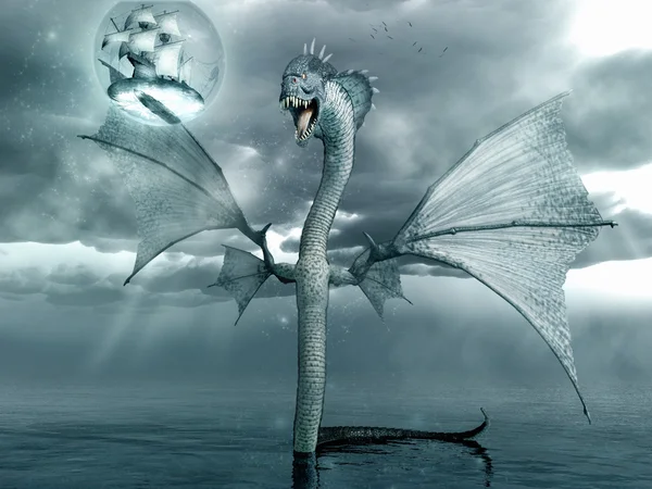 Водяний дракон і корабель — стокове фото