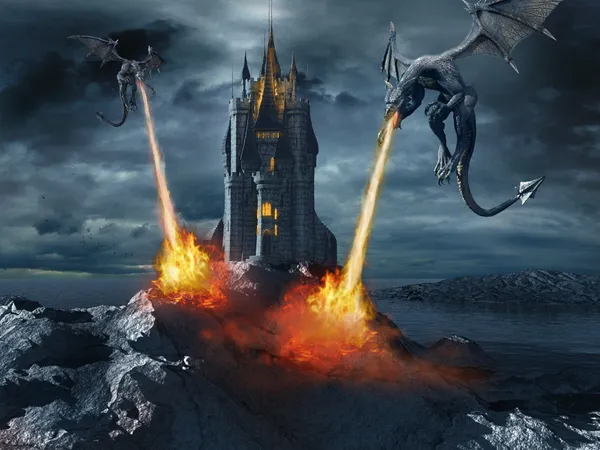 Dragões atacando o castelo Imagem De Stock