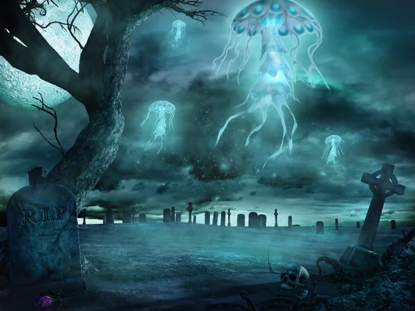 Jellyfish flying over cemetery — Stock Photo, Image