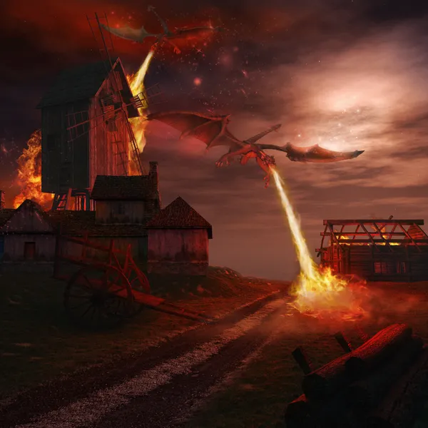 Dragons attacking wooden windmill — Stock Photo, Image