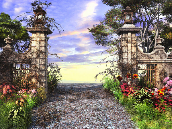 Colorful scenery with stone gate and flowers